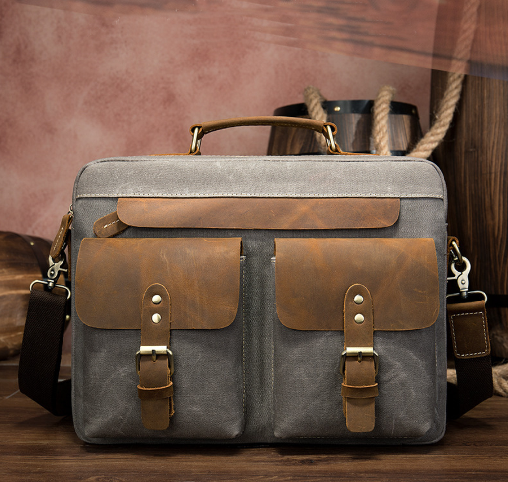 Canvas Leather Messenger Bag Leather Shoulder Bag Laptop Bag Groomsman Gift Men's Leather Briefcase