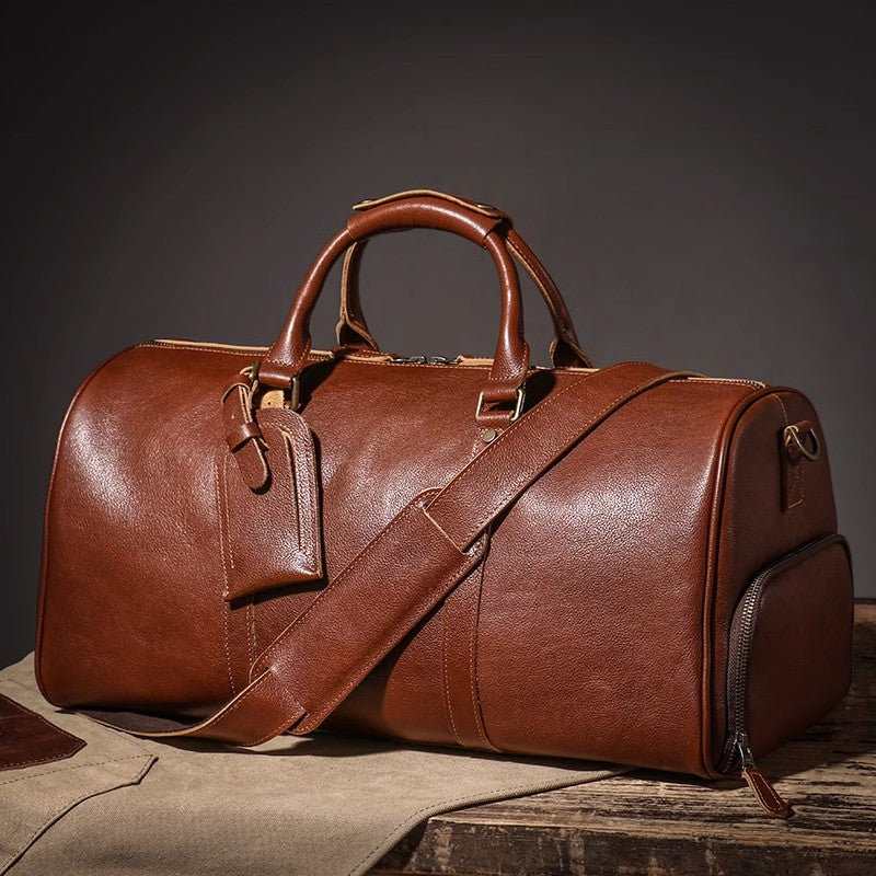 Full Grain Leather Duffle Bag with shoe Compartment Personalized Large Weekend Bag Leather Travel Bag Holdall