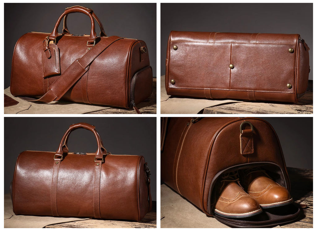 Full Grain Leather Duffle Bag with shoe Compartment Personalized Large Weekend Bag Leather Travel Bag Holdall