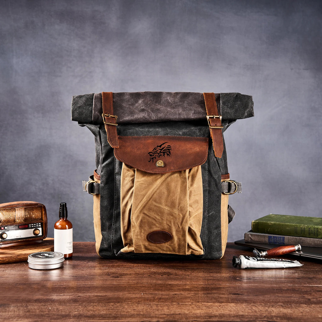 Personalized Canvas Backpack Waxed Canvas Leather Backpack Canvas Rucksack Waterproof Backpack Hiking Bag