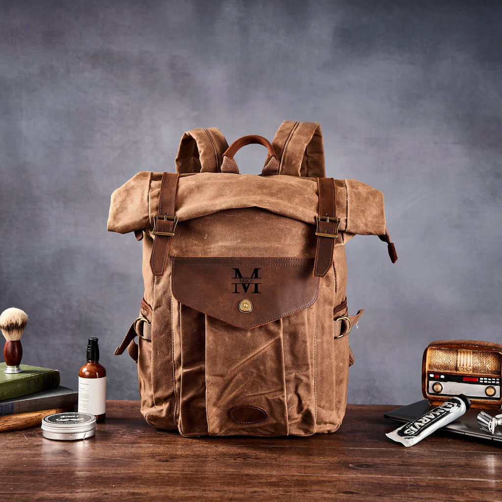 Personalized Canvas Backpack Waxed Canvas Leather Backpack Canvas Rucksack Waterproof Backpack Hiking Bag