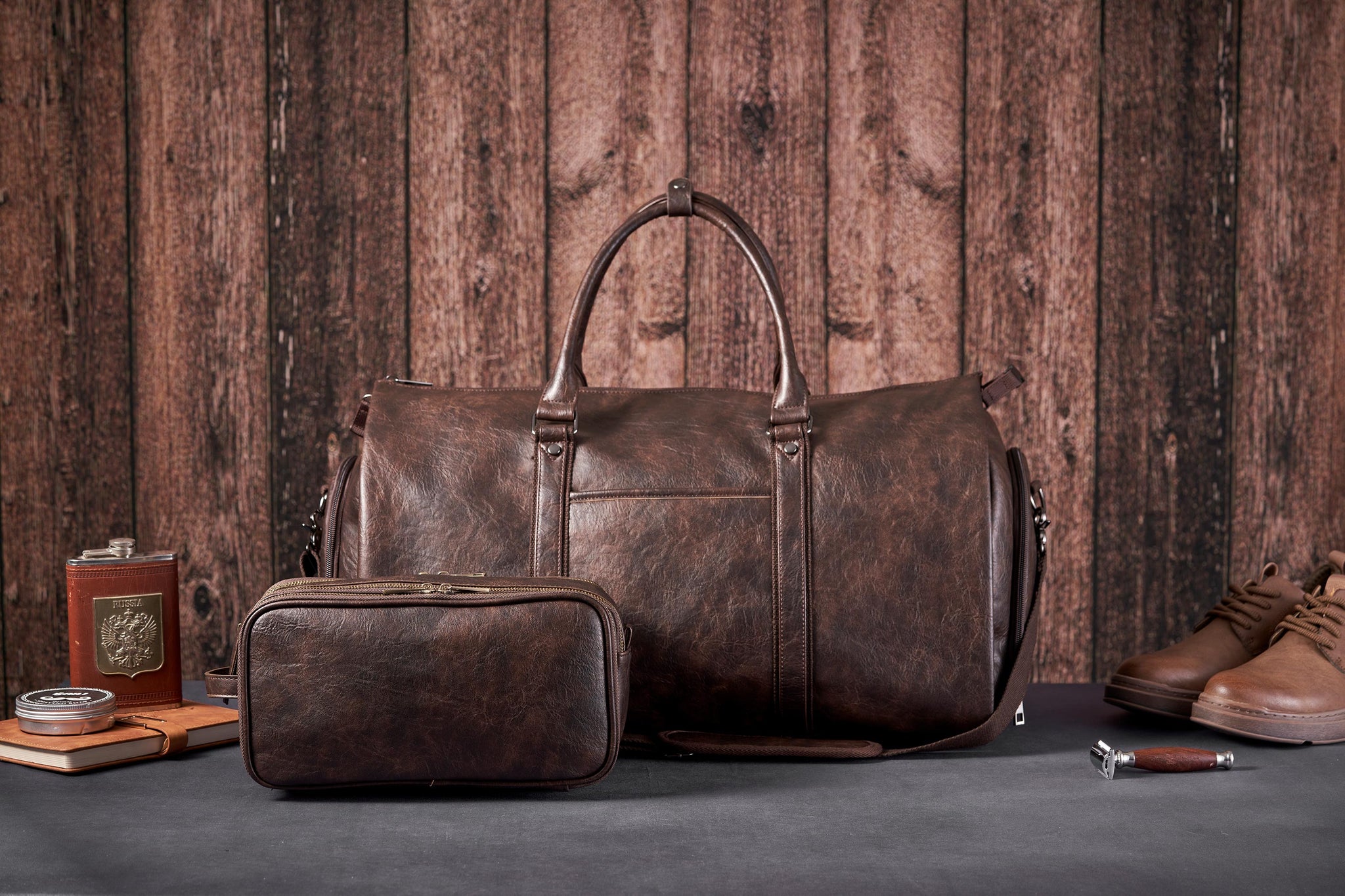 Leather travel bag set hotsell