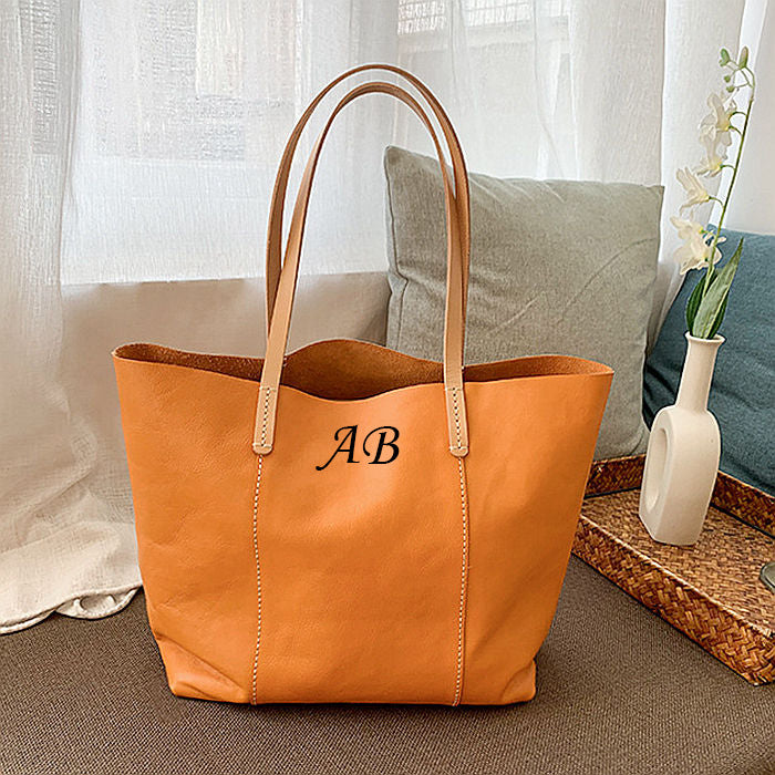 Personalized Genuine Leather Tote Bag for Women Full Grain Leather Fashion Designer Handbag Leather Large Casual Bag for Ladies Orange / Yes