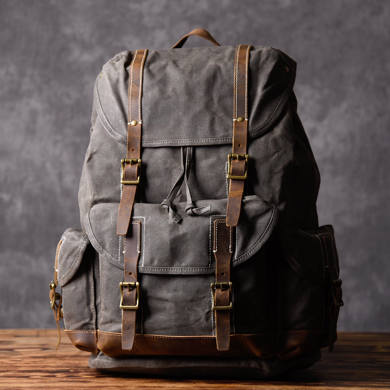 Military Canvas Leather Hiking Travel Rucksack Backpack