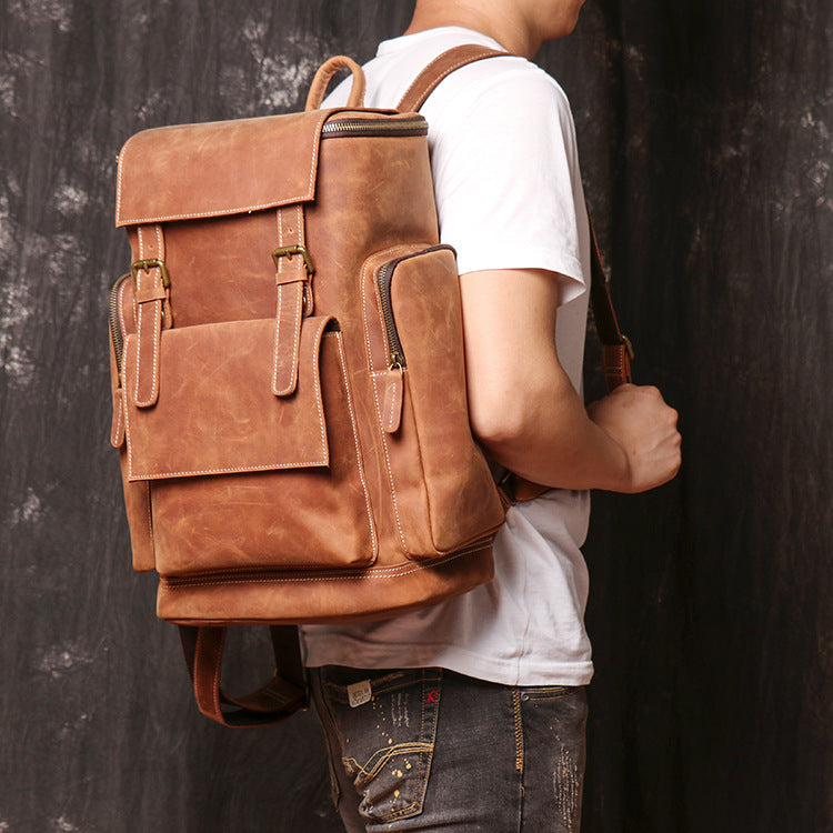 Men's Large Structured Brown Leather Backpack