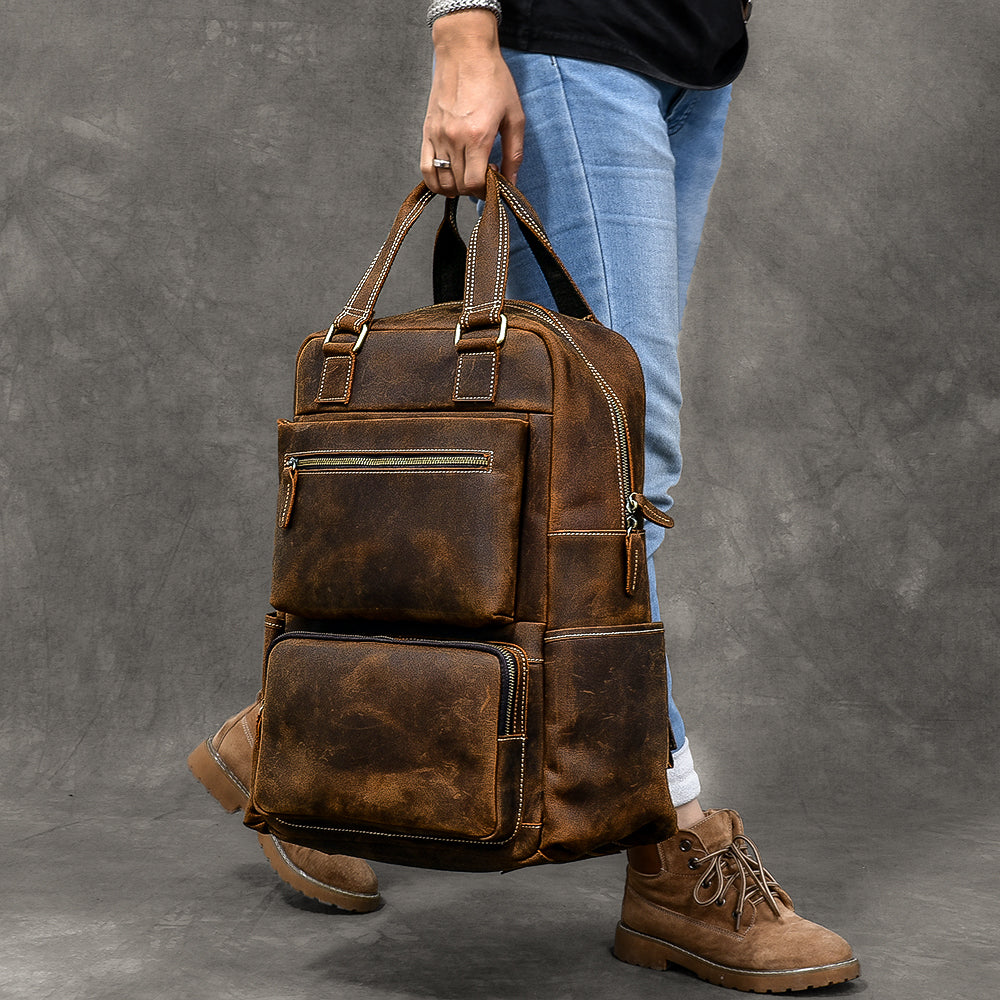 Personalized Leather Backpack with Top Handles Travel Backpack