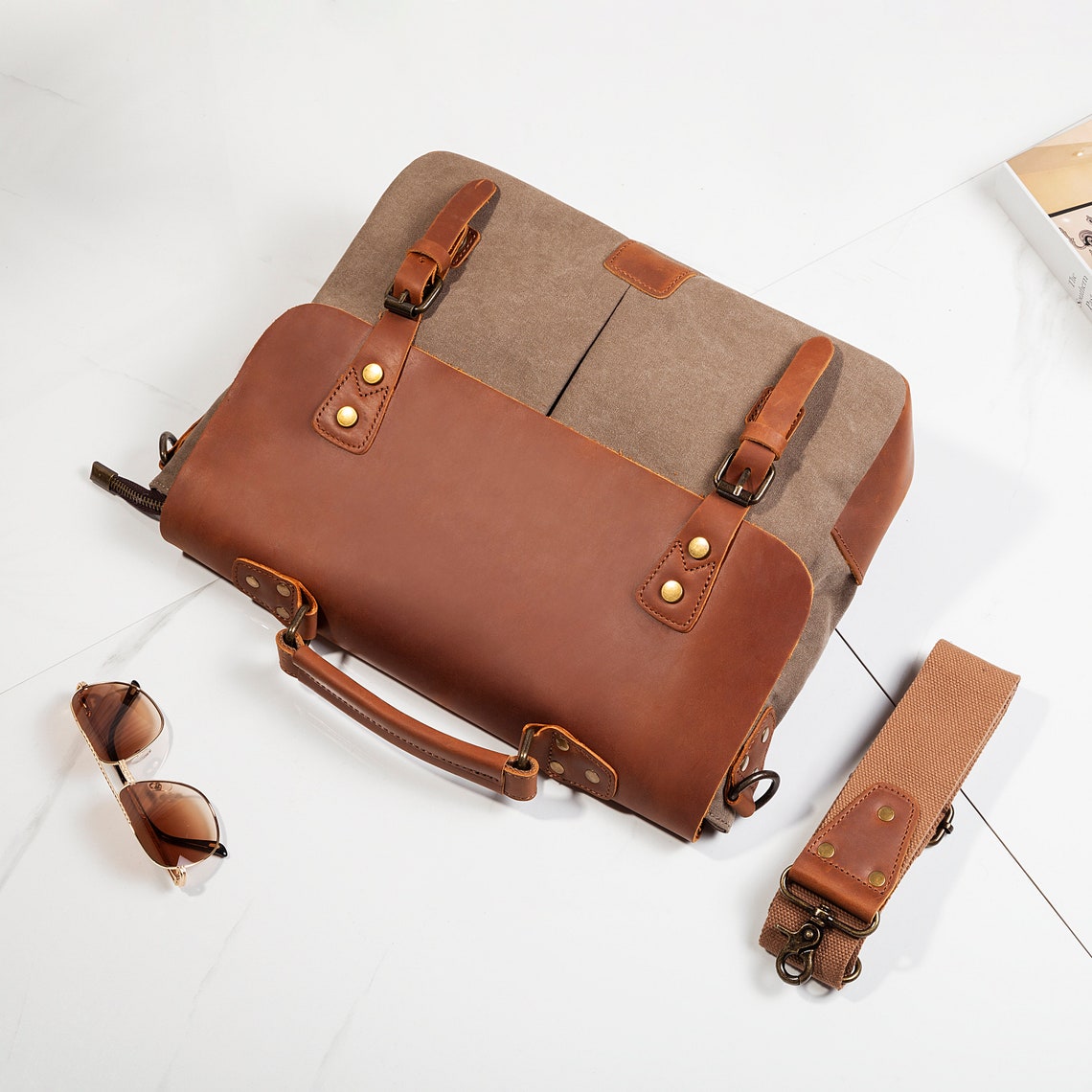 Personalized Waxed Canvas Messenger Bag Men Satchel Briefcase