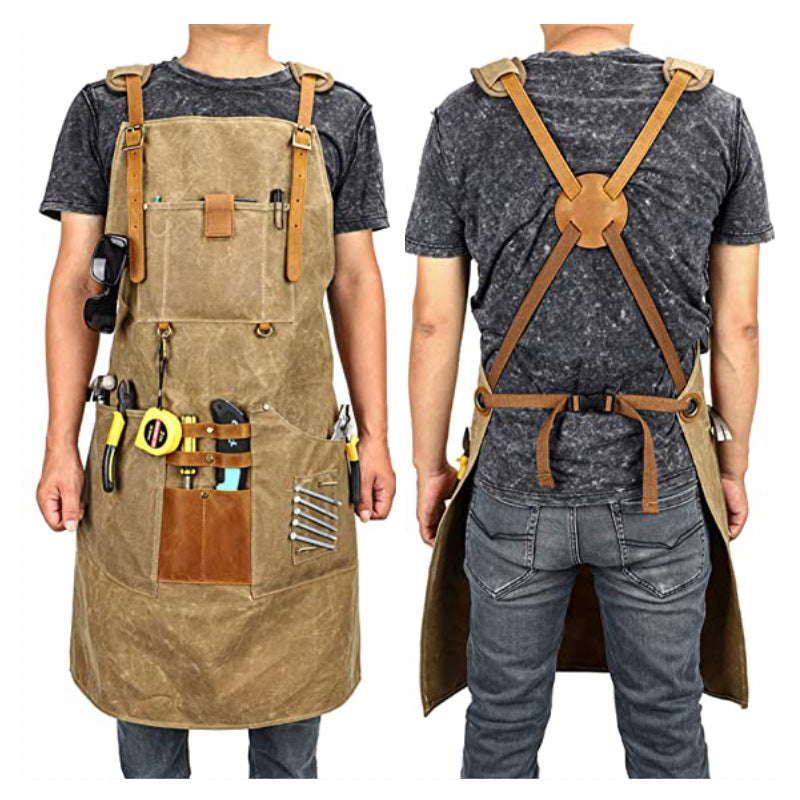 Personalized Waxed Canvas and Leather Work Apron with Pockets Heavy Du ...