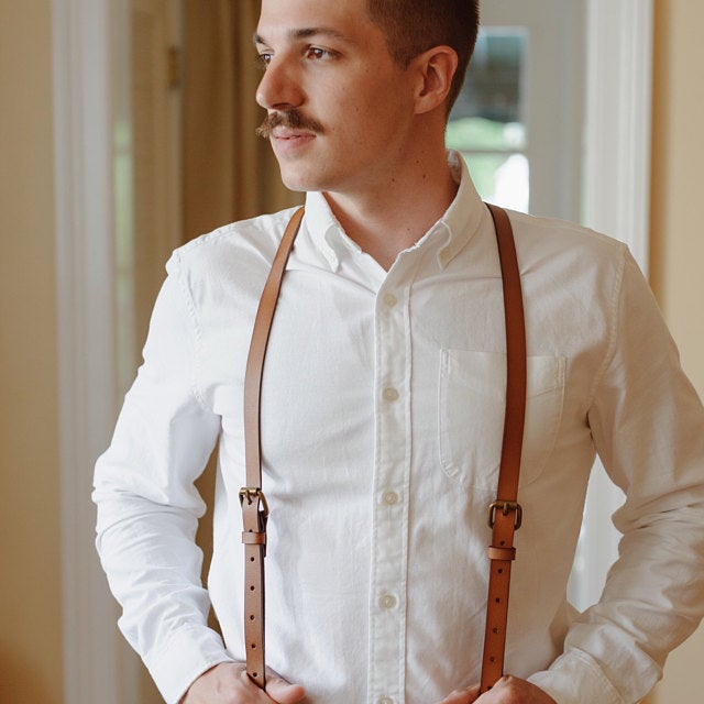 Men's Whiskey Leather Work Suspenders / Wedding Suspenders / Top