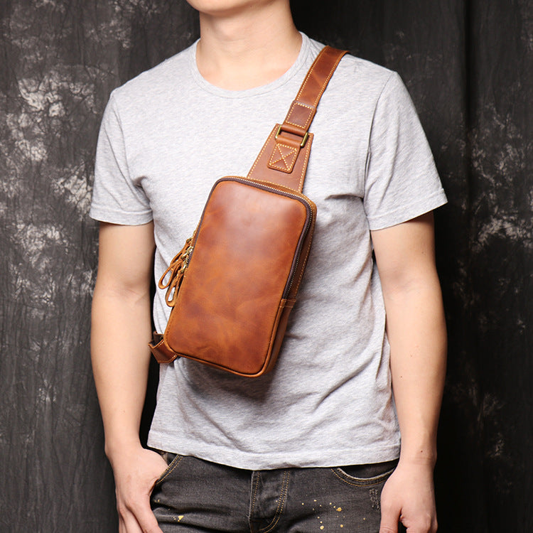 Unisex Leather Chest Bag Large Capacity Sling Bag Mens Leather