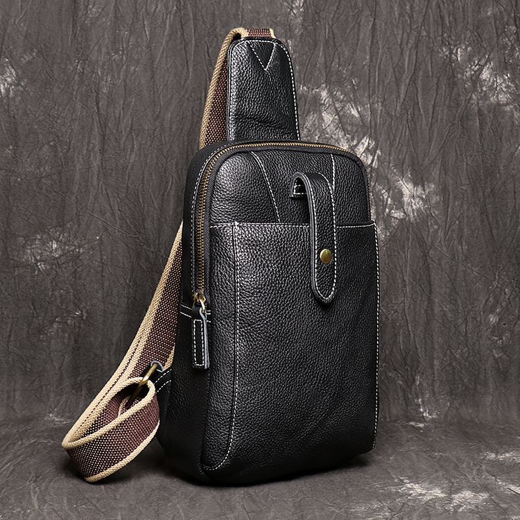 Full Grain Leather Sling Bag Black Leather Chest Bag Casual Crossbody Bag
